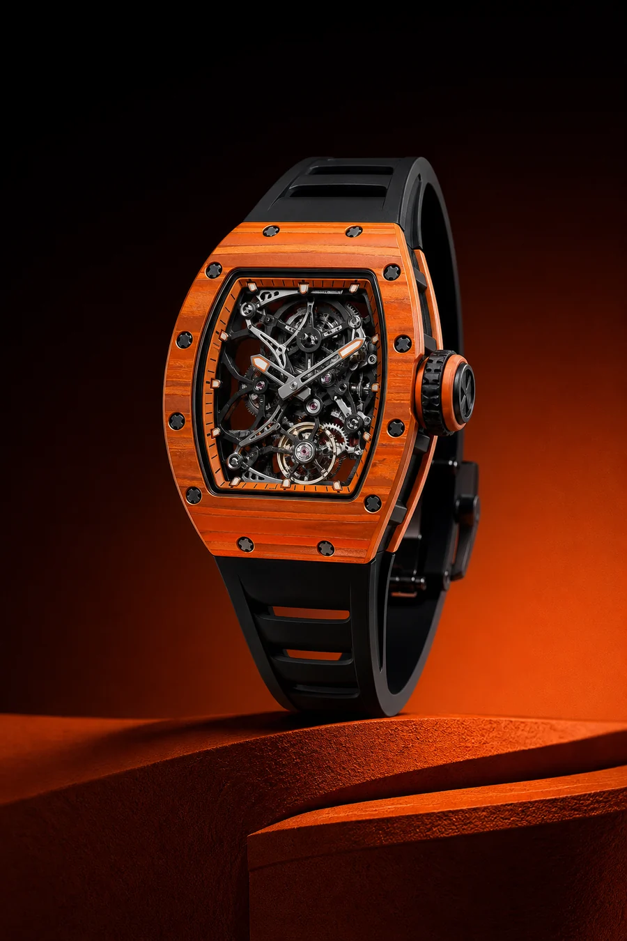 Reloj estilo Richard Mille esqueletizado en color naranja