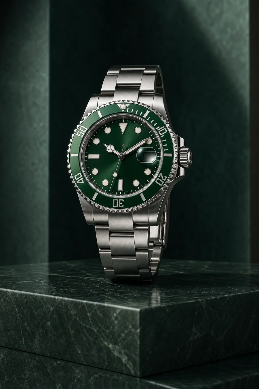 Reloj estilo Rolex de acero con esfera verde